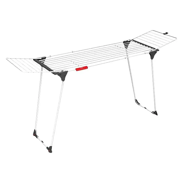 Vileda Flügel-Wäscheständer Infinity Flex - Länge Wäscheleine: 30 m, L x B x H: 304 x 56 x 128 cm, Weiß - Ein freistehender Wäscheständer mit silberfarbenem Gestell und roten Akzenten, ideal zum Trocknen von Kleidung.
