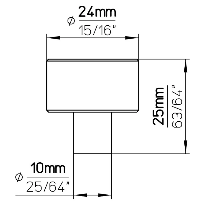 Siro Möbelknopf - Typ Möbelgriff: Knopf, Sonstige, Sonstige, Goldgelb, Breite: 24 mm - Technische Zeichnung eines Knopfes mit Bemaßungen: Durchmesser 24 mm, Höhe 25 mm, Basisdurchmesser 10 mm.