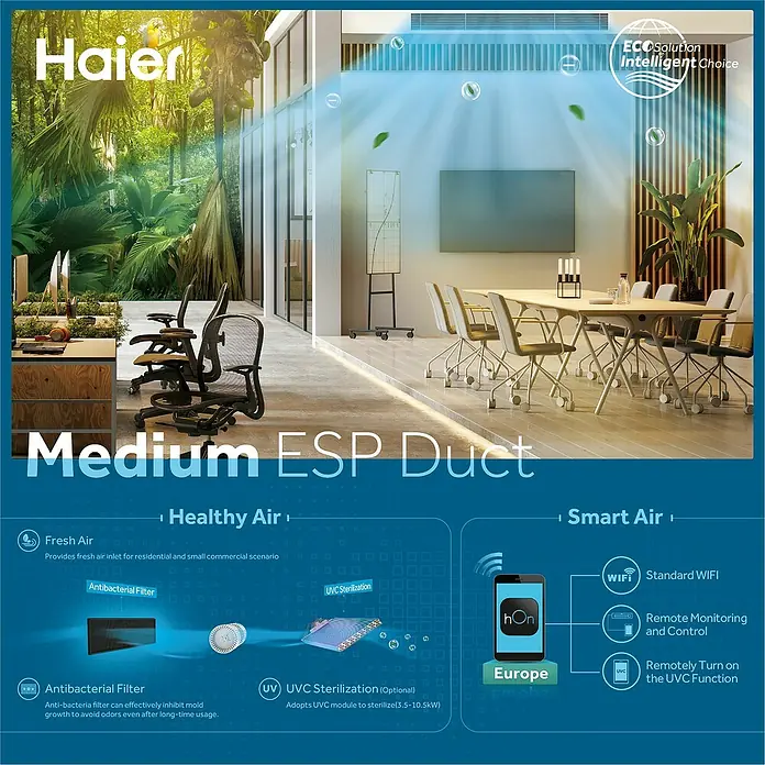 Haier Aire acondicionado por conductos AD71S2SM-H - 7.100 W, 5.500 W, 50 m² - 60 m², Gris - Purificador de aire Haier Medium ESP Duct con filtro antibacteriano y esterilización UVC para un aire interior saludable en entornos residenciales y comerciales.