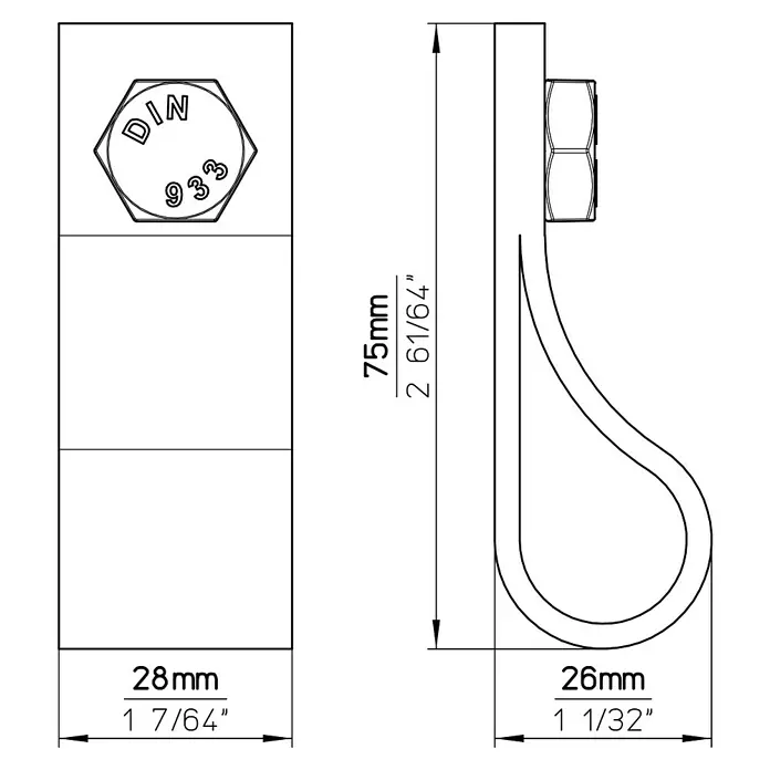 Siro Möbelgriff - Typ Möbelgriff: Sonstige, Sonstige, Sonstige, Schwarz, Breite: 75 mm - Technische Zeichnung eines Bolzens mit den Maßen 28 mm Breite, 75 mm Höhe und 26 mm Tiefe.