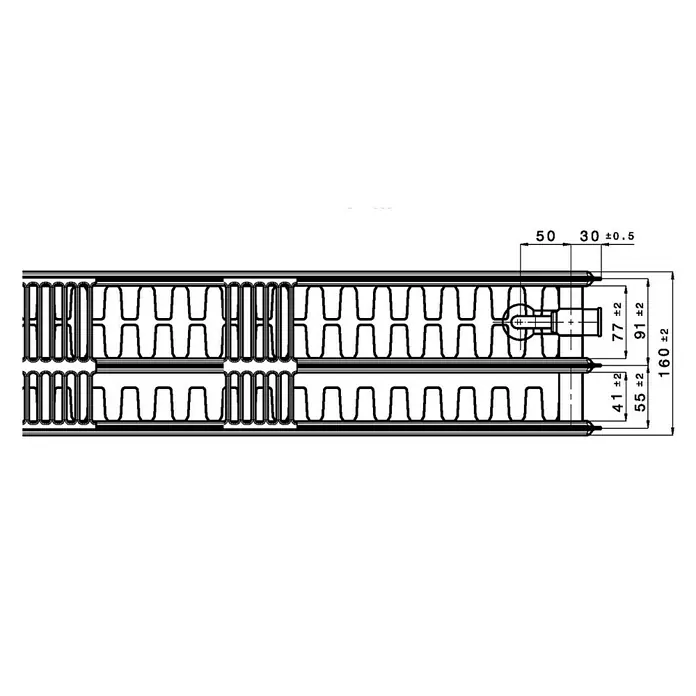 Flachheizkörper - B x H: 1.000 x 400 mm, Wärmeleistung bei Vorlauftemperatur von 75 °C (D: 50): 1.614 W, Typ Heizkörper: 33 - Technische Zeichnung eines Heizkörpers mit Maßangaben für Design und Installation, inklusive Toleranzen.