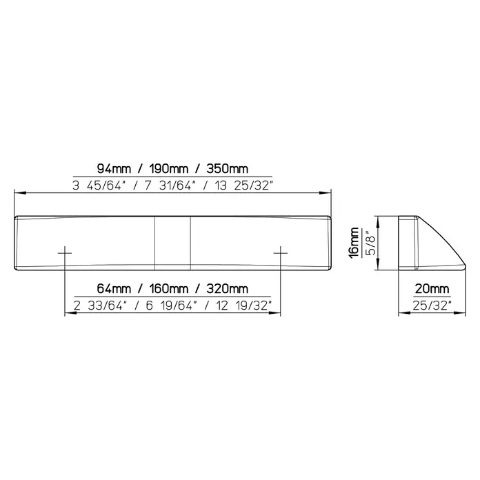 Siro Möbelgriff - Typ Möbelgriff: Muschel, Sonstige, Sonstige, Länge: 94 mm, Weiß - Produkt-Abmessungszeichnung mit Längen von 94 mm, 190 mm, 350 mm, Höhenangabe von 16 mm und einer Tiefe von 20 mm.