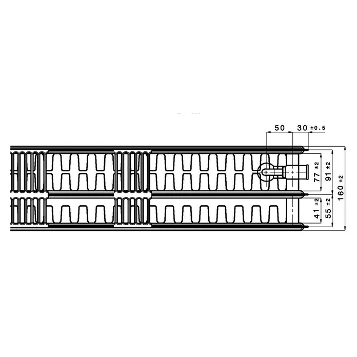 Flachheizkörper - B x H: 1.400 x 400 mm, Wärmeleistung bei Vorlauftemperatur von 75 °C (D: 50): 2.364 W, Typ Heizkörper: 33 - Technische Zeichnung eines Heizkörpers mit Maßen. Detaillierte Darstellung zur Produktinformation.