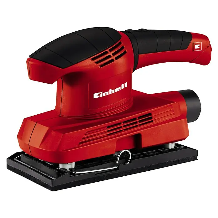 Einhell Classic Elektro-Schwingschleifer TC-OS 1520 - 150 W - Ein roter Einhell Exzenterschleifer mit schwarzem Griff und schwarzer Schleiffläche, ideal zum Schleifen von Oberflächen.