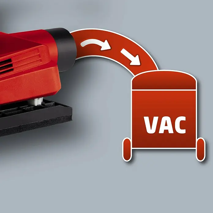 Einhell Classic Elektro-Schwingschleifer TC-OS 1520 - 150 W - Detailaufnahme eines roten Schleifgeräts mit Absaugfunktion, dargestellt durch einen Pfeil zu einem roten Staubsauger-Symbol.