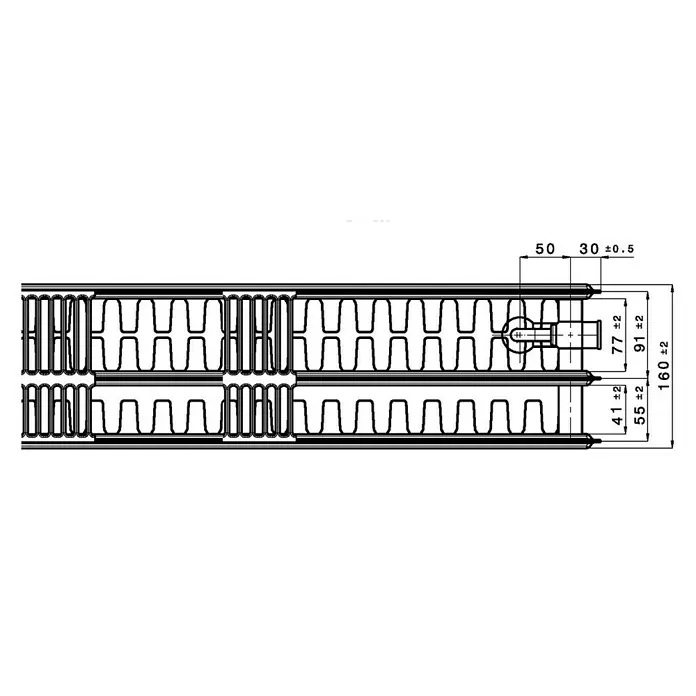 Planheizkörper - B x H: 1.400 x 300 mm, Wärmeleistung bei Vorlauftemperatur von 75 °C (D: 50): 1.736 W, Typ Heizkörper: 33 - Technische Zeichnung eines Heizkörpers mit Maßen und Toleranzen. Detailreiche Darstellung für Installationszwecke.