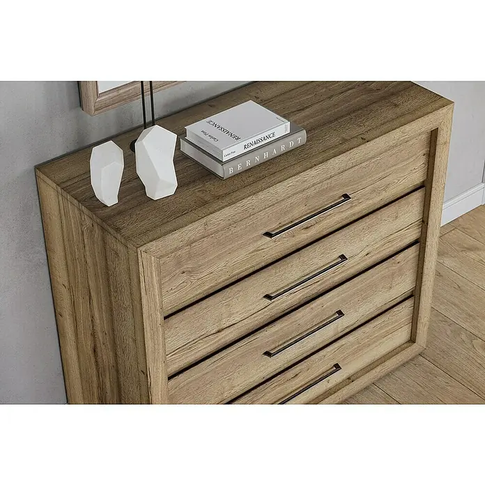 Siro Möbelgriff - Typ Möbelgriff: Bügel, Sonstige, Sonstige, Länge: 190 mm - Sideboard aus Holz mit vier Schubladen und modernen Griffen, dekoriert mit Büchern und dekorativen Objekten.