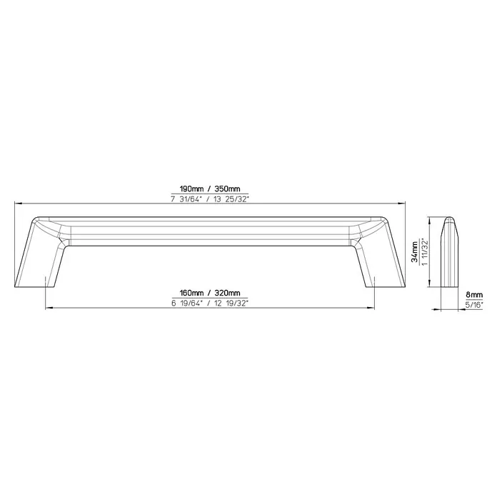 Siro Möbelgriff - Typ Möbelgriff: Bügel, Sonstige, Sonstige, Länge: 190 mm - Technische Zeichnung eines Türgriffs mit Maßangaben: Länge 190mm/350mm, Lochabstand 160mm/320mm, Höhe 34mm, Dicke 8mm.