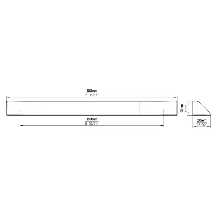 Siro Möbelgriff - Typ Möbelgriff: Muschel, Sonstige, Sonstige, Länge: 190 mm, Goldgelb - Produktdimensionen: Technische Zeichnung einer Leuchte mit den Maßen 190 x 16 x 20 mm, inklusive Zollangaben.