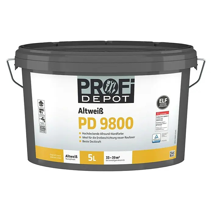 Profi Depot PD Wandfarbe Altweiß PD 9800 - Altweiß, Stumpfmatt, 5 l, Lösemittelfrei - Eimer Profi Depot Altweiß PD 9800 Innenfarbe, 5L. Hochdeckende Allround-Wandfarbe, ideal für Erstanstriche, mit hoher Deckkraft.