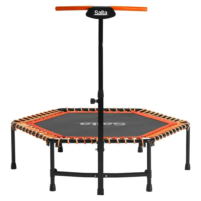 Salta Trampolin Fitness - Durchmesser: 140 cm, Orange - Nahaufnahme eines Salta Fitness-Trampolins, perfekt für das Training zu Hause, mit Griff für zusätzlichen Halt.