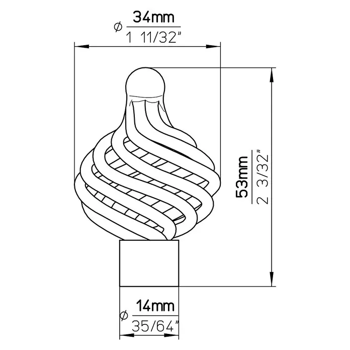 Siro Möbelknopf - Typ Möbelgriff: Sonstige, Sonstige, Sonstige, Breite: 34 mm - Technische Zeichnung eines dekorativen Möbelknopfs mit Maßen, ideal für DIY-Projekte und Möbelrenovierung.