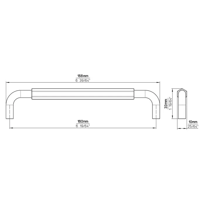 Siro Möbelgriff - Typ Möbelgriff: Bügel, Sonstige, Sonstige, Anthrazit, Länge: 168 mm, Breite: 33 mm - Detaillierte Zeichnung eines Möbelgriffs mit Maßangaben zu Länge (168mm), Befestigungsabstand (160mm) und Höhe (33mm).