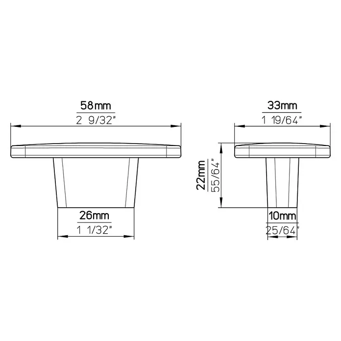 Siro Möbelknopf - Typ Möbelgriff: Knopf, Sonstige, Vernickelt, Silber, Länge: 58 mm - Schemazeichnung eines runden Knopfes mit den Maßen 58mm (Breite), 22mm (Höhe) und 26mm (Sockelbreite) sowie einer kleineren Variante mit 33mm, 22mm und 10mm.