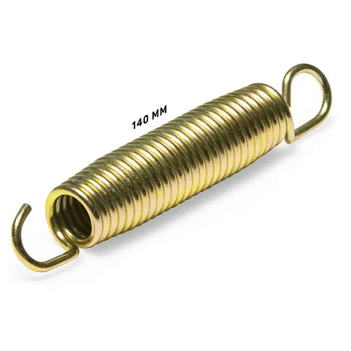 Salta Sprungfeder-Set - Gold, 10 Stk. - Eine goldfarbene Zugfeder mit Haken an beiden Enden, die auf einer weißen Oberfläche liegt, wobei die Länge 140 mm beträgt.