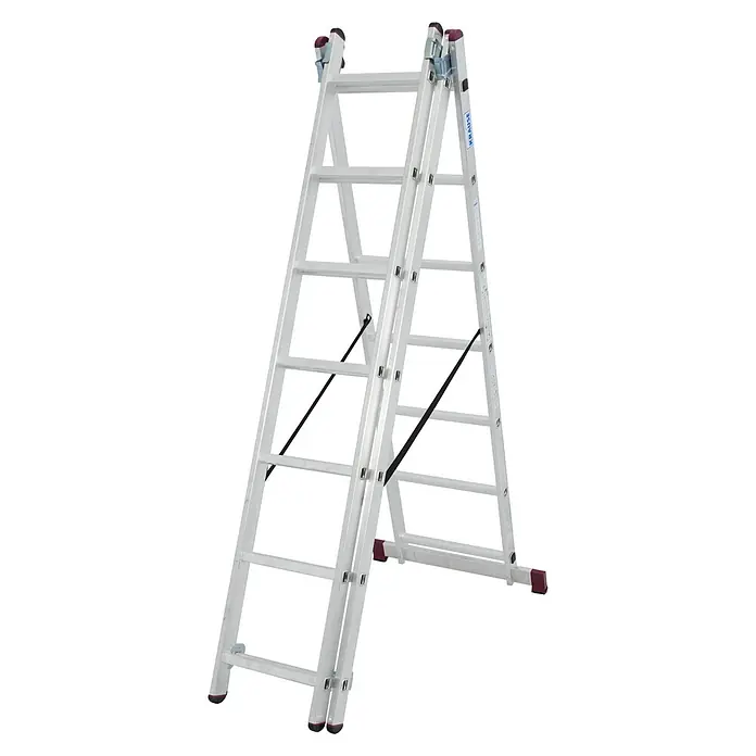 Krause Corda Mehrzweckleiter - Arbeitshöhe: 5,1 m, Anzahl Tritte: 21 Stk., Belastbarkeit: 150 kg, Aluminium - Eine silberne Klappleiter vor einem schwarzen Hintergrund. Robust und vielseitig für diverse Aufgaben.