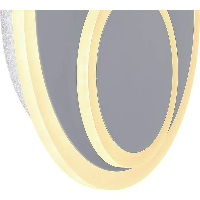 Globo LED-Wandleuchte rund VILLA - 16 W, Warmweiß - Nahaufnahme einer modernen, dekorativen LED-Wandleuchte mit grauem Hintergrund und hellen, elliptischen Lichtelementen.