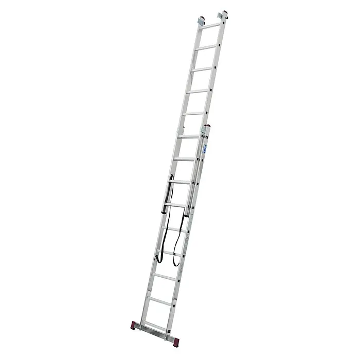 Krause Corda Mehrzweckleiter - Arbeitshöhe: 6,2 m, Anzahl Tritte: 27 Stk., Belastbarkeit: 150 kg, Aluminium - Bild einer Aluminium-Schiebeleiter mit Sprossen und roten Endkappen auf schwarzem Hintergrund. Ideal für den professionellen Einsatz.