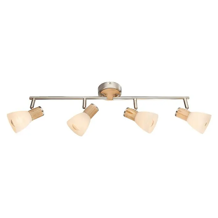 Globo Gylfii Deckenstrahler - 160 W, L x B x H: 60 x 9 x 15,5 cm, Nickel matt, Opal, E14, Anzahl Leuchtmittel: 4 Stk. - Deckenleuchte mit vier Strahlern aus gebürstetem Nickel und Holz für eine stilvolle Beleuchtung im Raum.