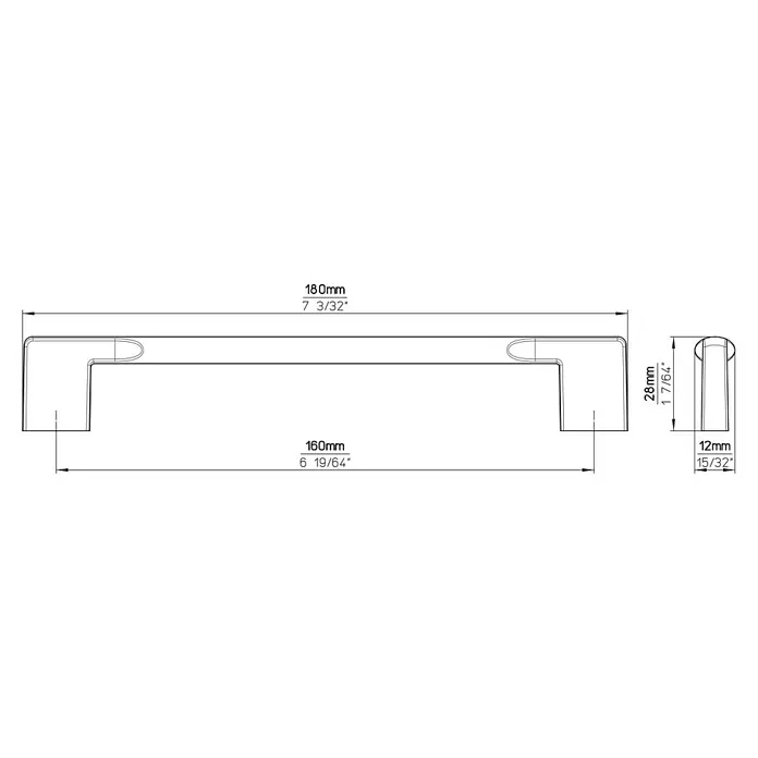 Siro Möbelgriff - Typ Möbelgriff: Bügel, Sonstige, Sonstige, Länge: 180 mm, Anthrazit - Technische Zeichnung des Möbelgriffs mit Maßangaben. Der Griff ist 180mm lang und 28mm hoch. Präzise Darstellung für Montage.