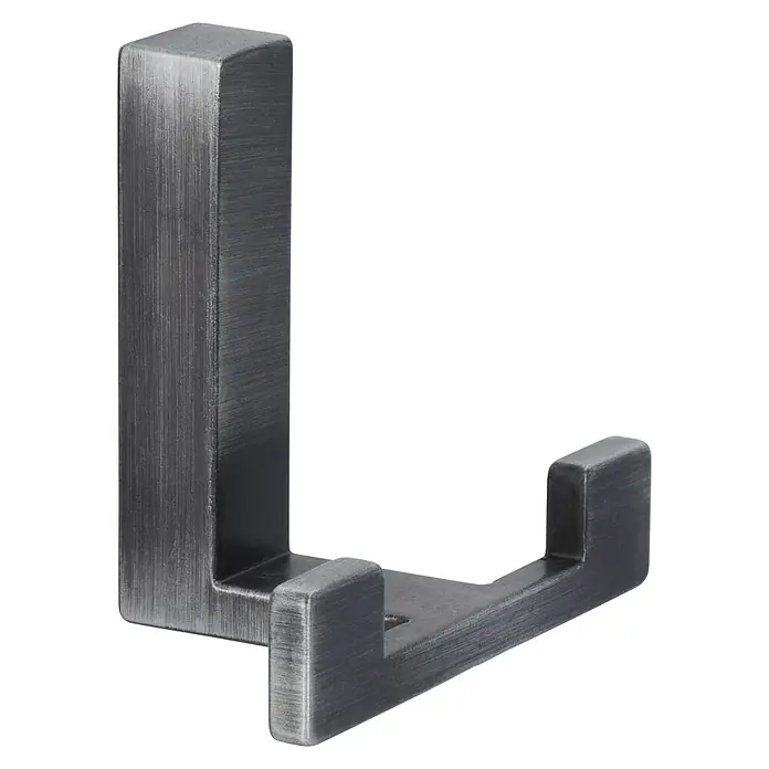 Siro Garderobenhaken 2325 - L x B x H: 70 x 61 x 40 mm, Anzahl Haken: 2 Stk. - Eine Nahaufnahme eines einzelnen, modernen Kleiderhakens aus gebürstetem Metall auf schwarzem Hintergrund. Praktisches Wohnaccessoire.
