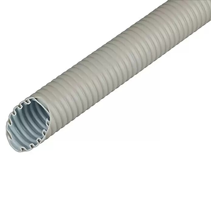 Fränkische Tubo flexible PVC EN 20 - Plástico, Diámetro exterior: 20 mm, 50 m, Apto para: Hormigón, Gris - Conducto corrugado flexible gris claro con revestimiento interior azul.