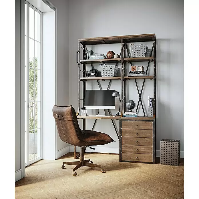 Siro Türklopfer - Typ Möbelgriff: Knopf, Sonstige, Sonstige, Eisenfarbig, Breite: 40 mm - Industrieller Schreibtisch aus Holz und Metall mit Regal, dazu ein brauner Lederbürostuhl, für ein Arbeitszimmer.