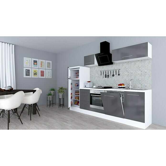 Respekta Premium Composición de cocina (Ancho: 280 cm, Con dispositivos eléctricos, Gris de alto brillo)