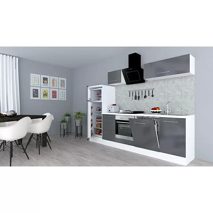 Respekta Premium Composición de cocina Amanda Alto - Ancho: 280 cm, Blanco/Gris, Con electrodomésticos - Cocina moderna con armarios grises, encimera blanca y electrodomésticos integrados. Nevera, horno y lavavajillas abiertos.