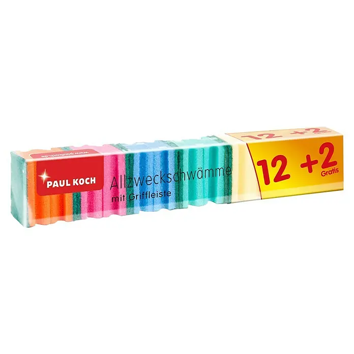 Topfreiniger - Mit Griffrille, 14 Stk. - Eine Packung Paul Koch Allzweckschwämme mit Griffleiste, bestehend aus 12 Schwämmen plus 2 gratis, in verschiedenen Farben.