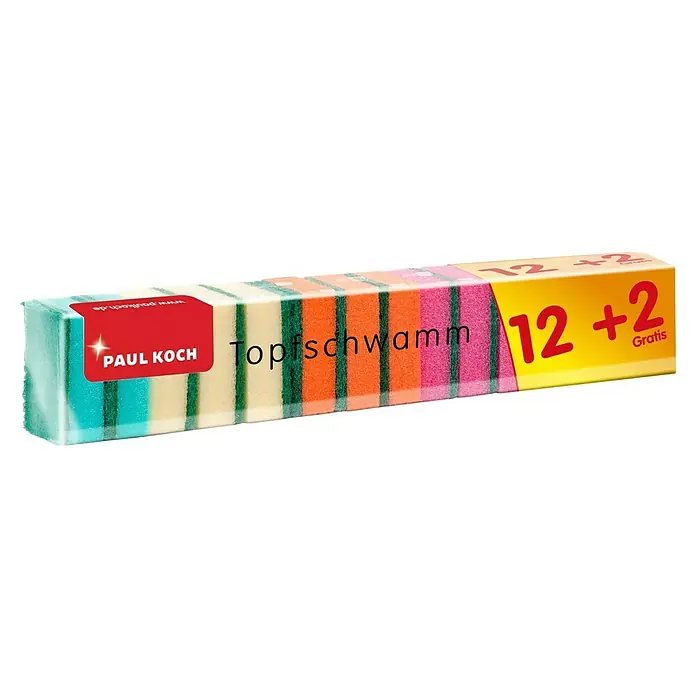 Topfreiniger - L x B: 8 x 5 cm, 14 Stk. - Ein Paket Topfschwämme der Marke Paul Koch mit zwölf Schwämmen plus zwei gratis. Verschiedene Farben sind in der Packung enthalten.