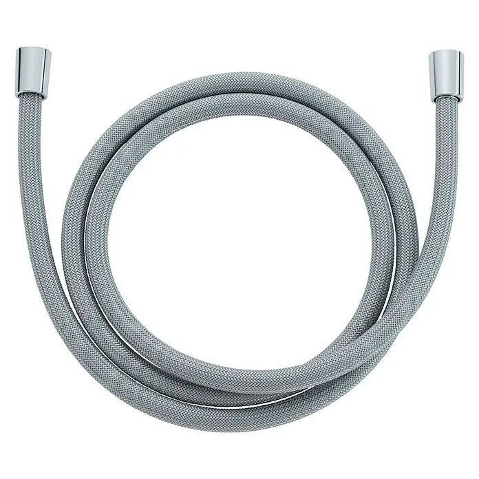 Wasserspar-Brauseschlauch Chromalux Zero - Länge: 150 cm, ½″, Durchflussmenge: 10 l/min, Silber/Grau - Nahaufnahme eines grauen Brauseschlauchs mit glänzenden Anschlüssen auf schwarzem Hintergrund, der sich in einer kreisförmigen Form windet.