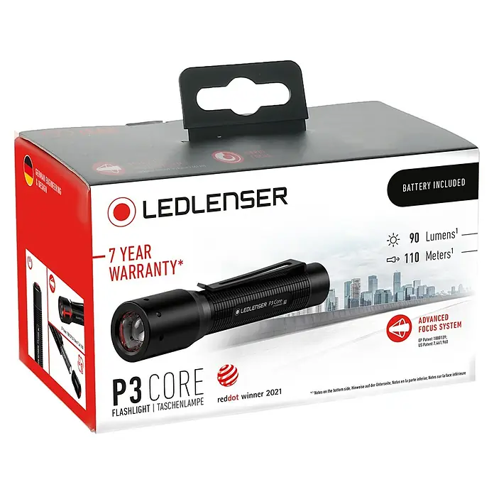 Ledlenser Taschenlampe P3 Core - 15 lm - 90 lm, IP54 - Verpackung der Ledlenser P3 Core Taschenlampe mit 90 Lumen und 110 Meter Reichweite.