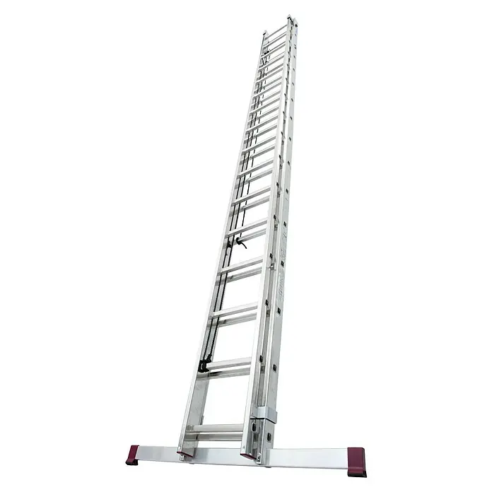 Krause Corda Sprossen-Seilzugleiter - Arbeitshöhe: 8,63 m, Anzahl Tritte: 32 Stk., Aluminium - Silberne Leiter, die auf einer schwarzen Oberfläche steht. Eine Aluminium-Teleskopleiter für verschiedene Höhenarbeiten.