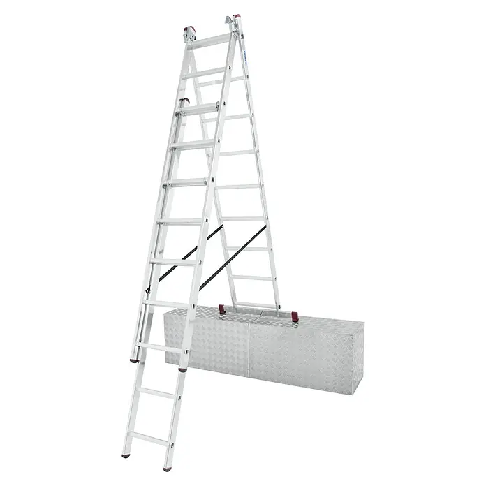 Krause Corda Mehrzweckleiter - Anzahl Tritte: 27 Stk., Arbeitshöhe: 6,2 m, Belastbarkeit: 150 kg, Aluminium, Treppengängig - Bild einer Mehrzweckleiter aus Aluminium, die auf einer Werkzeugkiste steht. Die Leiter ist sowohl robust als auch vielseitig.