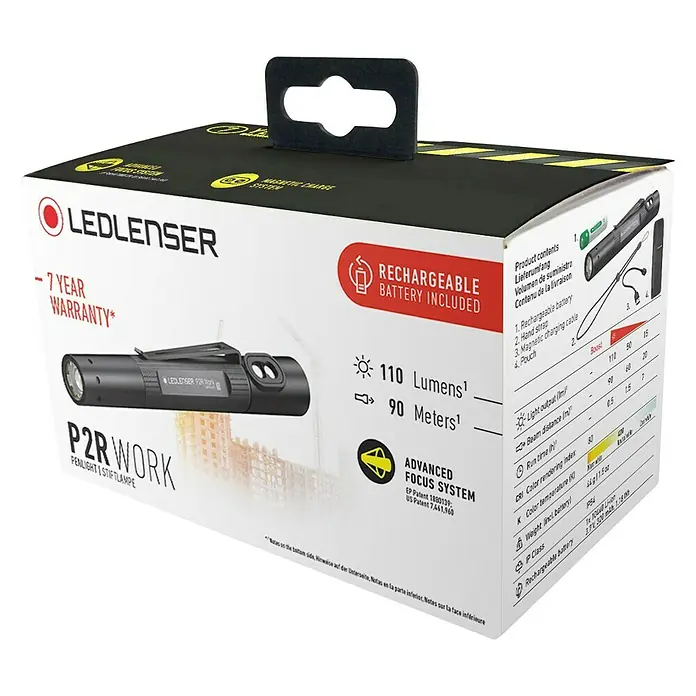 Ledlenser Taschenlampe P2R Work - 110 lm - Nahaufnahme der Verpackung der Ledlenser P2R Work Stiftlampe, die ihre wichtigsten Funktionen und Eigenschaften hervorhebt.