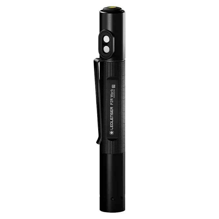 Ledlenser Taschenlampe P2R Work - 110 lm - Eine detaillierte Aufnahme der Ledlenser P2R Work Stablampe, die ihre robuste Bauweise und praktischen Funktionen hervorhebt.