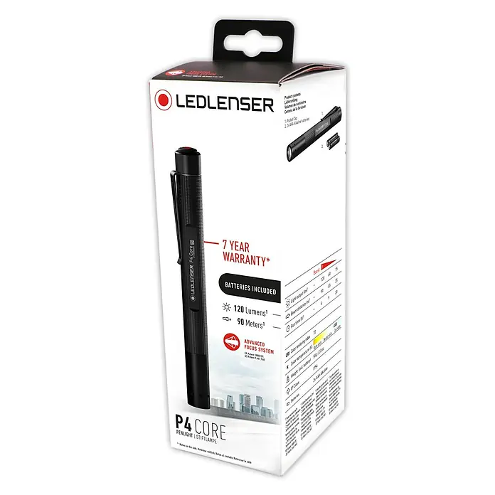 Ledlenser Taschenlampe P4 Core - 15 lm - 120 lm, IP54 - Nahaufnahme einer Ledlenser P4 Core Stiftlampe in Originalverpackung. Kompakt, leistungsstark, ideal für den Alltag.
