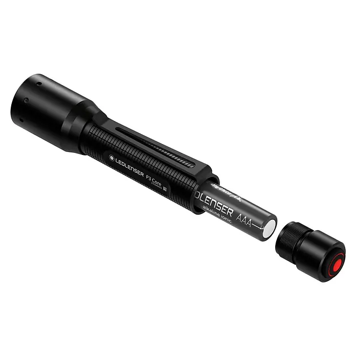 Ledlenser Taschenlampe P3 Core - 15 lm - 90 lm, IP54 - Produktansicht einer Ledlenser P3 Core Taschenlampe mit AAA-Batterie und abnehmbarer Endkappe. Kompaktes Design und hohe Leuchtkraft.