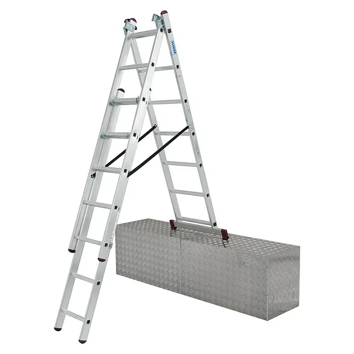 Krause Corda Mehrzweckleiter - Anzahl Tritte: 21 Stk., Arbeitshöhe: 5,1 m, Belastbarkeit: 150 kg, Aluminium, Treppengängig - Bild einer dreiteiligen Krause-Mehrzweckleiter aus Aluminium, die auf einem Werkzeugkasten aus Riffelblech steht. Ideal für verschiedene Aufgaben.