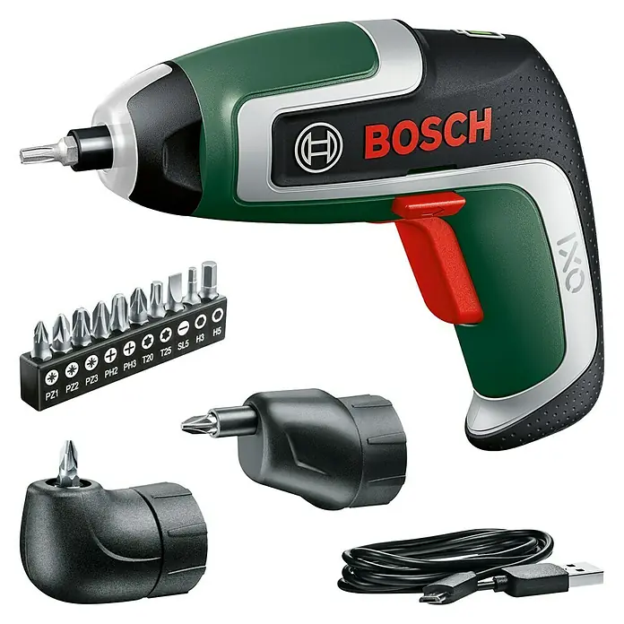 Bosch Akkuschrauber IXO 7 - 3,6 V, 1 Akku, 2 Ah, 5,5 Nm, Bit- & Aufsatz-Set - Das Bild zeigt einen Bosch IXO Akku-Schrauber mit verschiedenen Aufsätzen und einem Ladekabel, präsentiert auf schwarzem Hintergrund.