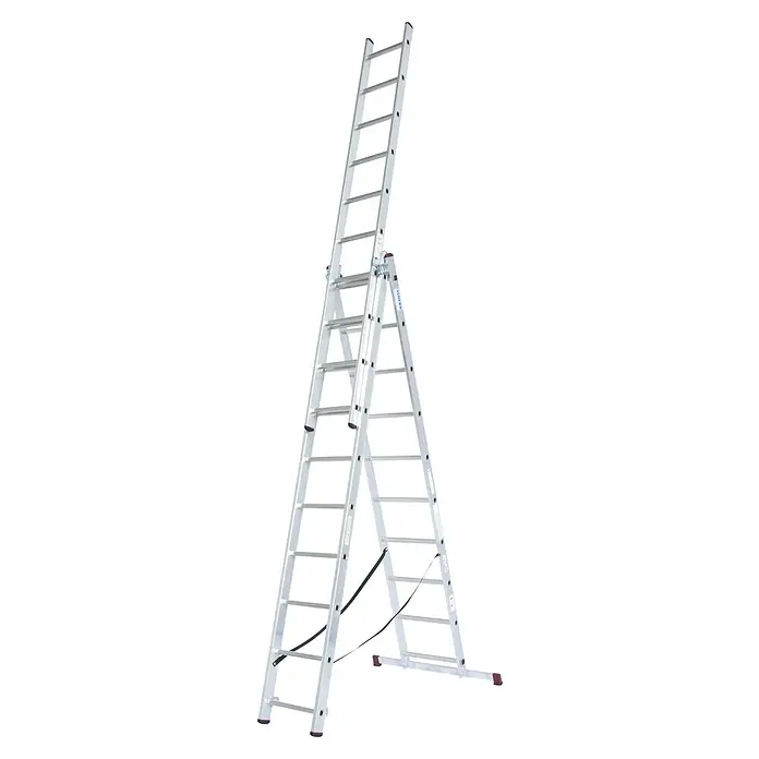 Krause Corda Mehrzweckleiter - Anzahl Tritte: 30 Stk., Arbeitshöhe: 7 m, Belastbarkeit: 150 kg, Aluminium, Treppengängig - Abgebildete ist eine silberne Mehrzweckleiter. Sie ist sowohl als Steh- als auch als Anlegeleiter einsetzbar. Sie ist auf einem schwarzen Hintergrund.