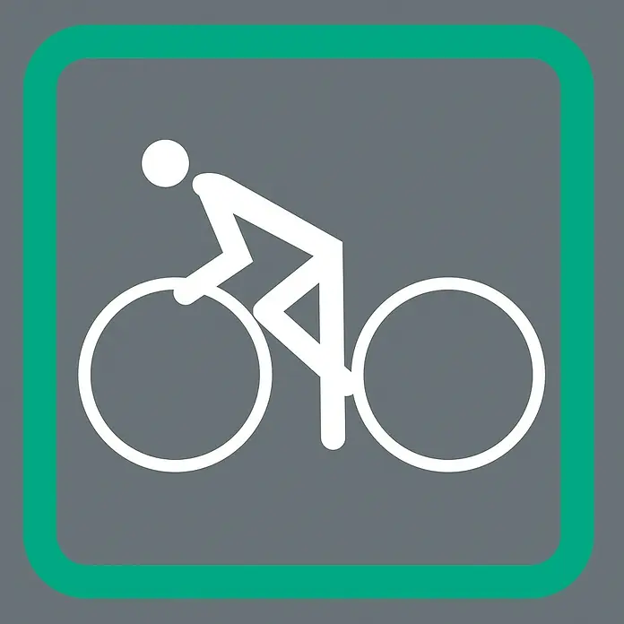 Wera Werkzeug-Set Bicycle Set 1 - 12 -tlg. - Graues Schild mit grünem Rahmen, das ein stilisiertes, weißes Fahrradsymbol mit Fahrer zeigt, das eine Radwegbeschilderung darstellt.