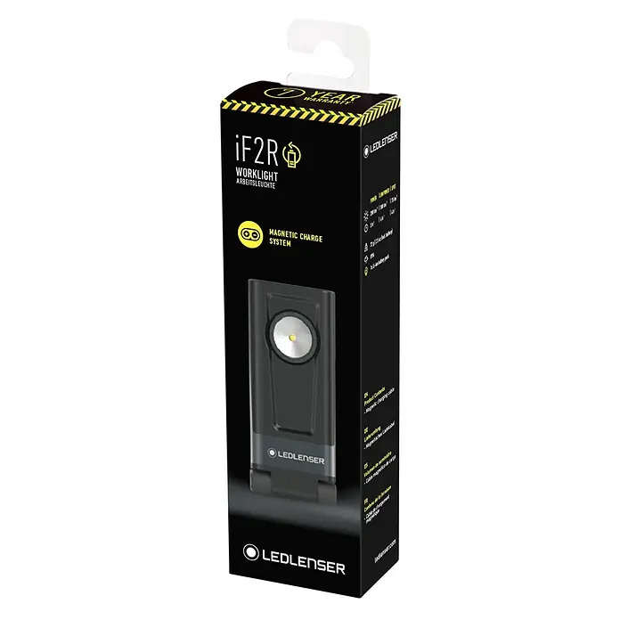 Ledlenser LED-Arbeitsleuchte iF2R - 200 lm, IP54 - Verpackung der Ledlenser iF2R Arbeitsleuchte mit magnetischem Ladesystem. Kompakte, leistungsstarke Lampe für vielfältige Anwendungen.