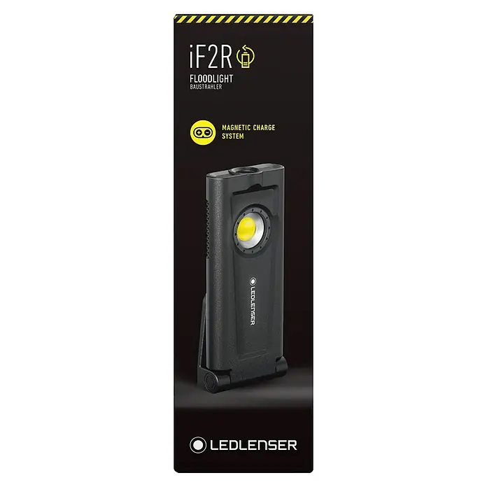 Ledlenser LED-Arbeitsleuchte iF2R - 200 lm, IP54 - Produktbild der iF2R Floodlight Baustellenleuchte von Ledlenser mit Magnetladekabel und Akku für den professionellen Einsatz.