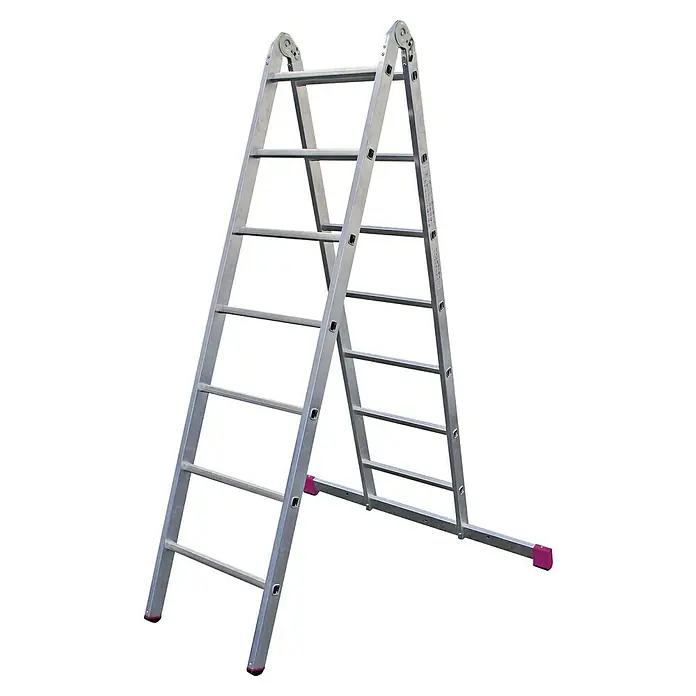 Krause Corda Gelenkgerüst - Arbeitshöhe: 5 m, Belastbarkeit Plattform: 135 kg, Breite Plattform: 0,56 m, Länge Plattform: 1,5 m - Eine silberne, zusammenklappbare Leiter mit mehreren Sprossen und pinkfarbenen Füßen, ideal für Hausarbeiten und Reparaturen.