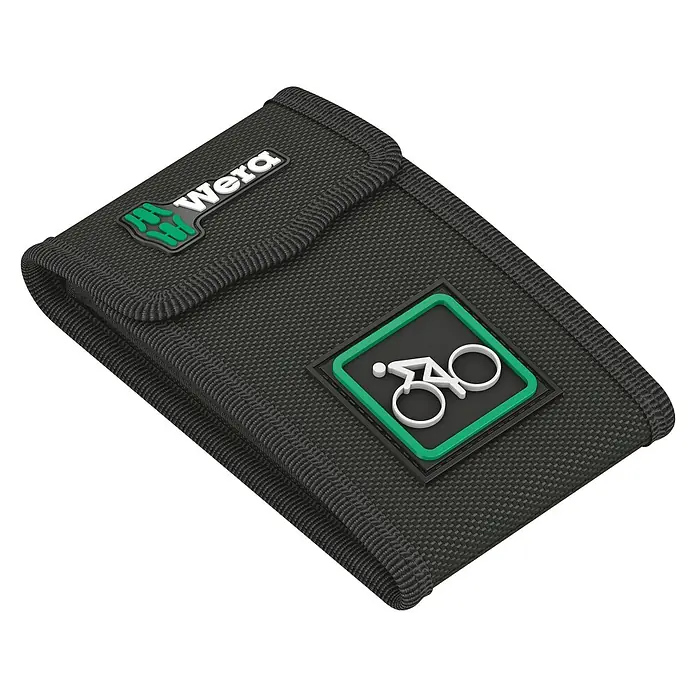 Wera Werkzeug-Set Bicycle Set 1 - 12 -tlg. - Schwarze Werkzeugtasche von Wera mit Logo und Fahrrad-Symbol für Fahrradreparaturen, kompakt und robust.