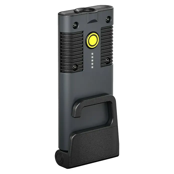 Ledlenser LED-Arbeitsleuchte iF2R - 200 lm, IP54 - Das Bild zeigt eine graue LED-Arbeitsleuchte mit einem gelben Knopf und einer schwarzen Halterung. Kompaktes Design für vielseitige Anwendungen.