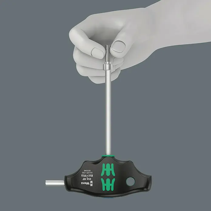 Wera Stiftschlüsselsatz Bicycle 6 - 10 -tlg. - Nahaufnahme eines Wera 454 HF Winkelschlüssels mit Haltefunktion, ideal für schwer zugängliche Schrauben.