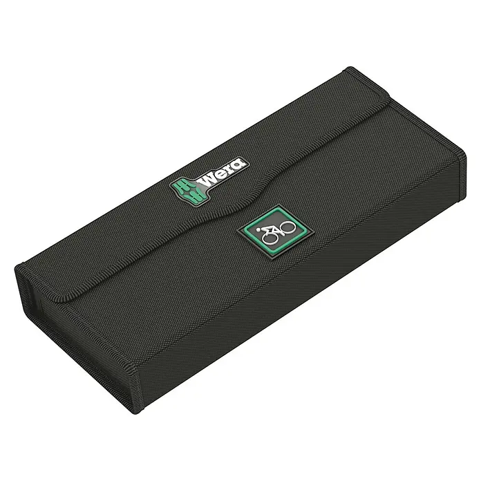 Wera Knarrensatz Bicycle 7 - 27 -tlg. - Abbildung einer schwarzen Wera Werkzeugtasche, ideal für Fahrräder, mit dem Wera Logo und einem Fahrradsymbol.